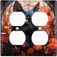 WorldAcc Metal Light Switch Plate Outlet Cover (Halloween Spooky Black Cat Autumn - Double Duplex)
