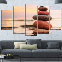 Made in Canada - Design Art 'Stones Pyramid on Sand Symbolizing Zen' 5 Piece Photographic Print on Wrapped Canvas Set