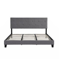 Myhomekeepers Upholstered Platform Bed Frame With Button Tufted Linen Fabric Headboard, No Box Spring Needed, Wood Slat