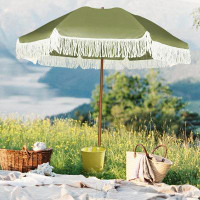 Latitude Run® 7Ft Patio Umbrella With Fringe Outdoor Tassel Umbrella UPF50+ Wood Colour Steel Pole And Steel Ribs Push B