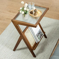 Mercer41 Rattan Night Stand Glass Small End Tables, Bedroom Coffee Table With Storage For Living Room And Outdoor