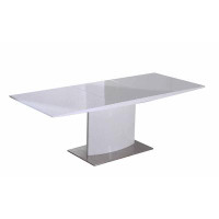Orren Ellis 63-87 Inch Extendable Dining Table, White Lacquer Top, Stainless Steel