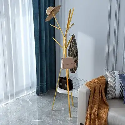 Everly Quinn Macapanas 9 - Hook Freestanding Coat Rack in gold with Storage