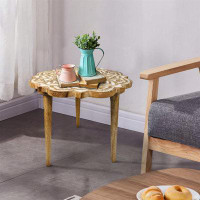 Bungalow Rose Handcrafted Mango Wood Side End Table With Floral Carved Top And Tripod Base