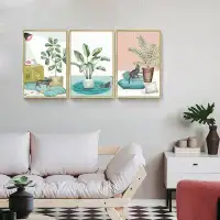 Bayou Breeze Plants And Cat Wall Art - 3 Piece Picture Aluminum Frame Print Set On Canvas, Wall Decor For Living Room Be