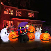 The Holiday Aisle® 8 FT Long Halloween Inflatables Outdoor Decorations - Blow Up Cat & Pumpkin Lanterns With Tombstone G