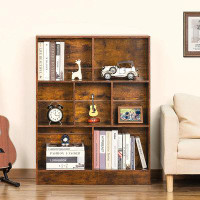 Millwood Pines 7 Cube Bookshelf With Base,3 Tier Mid-Century Modern Brown Bookcase,Standing Wide Bookshelves Storage Org