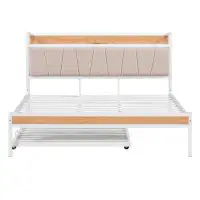 Latitude Run® Queen Size Metal Platform Bed Frame With Twin Trundle, Upholstered Headboard, Usb Ports, Sockets, White