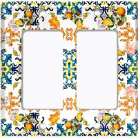 WorldAcc Metal Light Switch Plate Outlet Cover (Blue Yellow Damask Tile Fruit White  - Double Rocker)