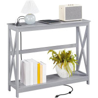 Gracie Oaks 2-Tier Console Table Narrow Wood Sofa Table with Power Outlets for Entryway Hallway Living Room