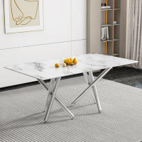 Wrought Studio Modern Simple Rectangular Glass Dining Table With Faux Marble Tabletop