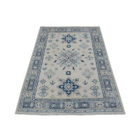 Isabelline 3'9"X5'9" Ivory Vintage Look Kazak With Large Medallions Design Organic Wool Hand Knotted Oriental Rug 43714E
