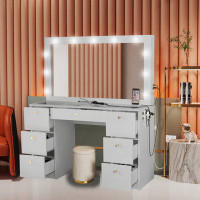 Latitude Run® Boahaus Vanity Desk, White Stool, Lights Built-in, Glass Top, White