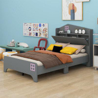Gracie Oaks Twin Size Wooden House Bed With Storage Headboard ,Kids Bed With Storage Shelf