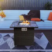 Latitude Run® 50,000BTU Square Wicker Fire Pit Table with Marble Tabletop and Glass beads and Lid