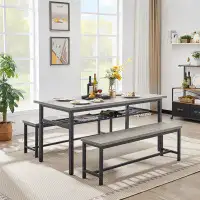 Audiohome Oversized Dining Table Set For 6, 3-Piece Kitchen Table With 2 Benches, Dining Room Table Set For Home Kitchen