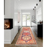 Isabelline Geometric Hand-Knotted Runner 3'2" x 9'3" Wool/Cotton Area Rug in Navy/Gold