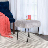 Mercer41 Metal Framed Stool with Faux Fur Upholstered Seat and Hairpin Legs, Grey and Black