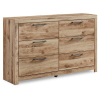 Millwood Pines 59 Inch Dresser With 6 Drawers, Metal Bar Handles, Brown Wood Grain Details