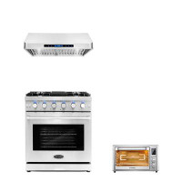 Cosmo 3 Piece Kitchen Package With 30" Freestanding Gas Range 30" Under Cabinet Range Hood & 20" Electric Air Fryer Toas