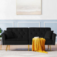 Mercer41 Velvet Tufted Sofa Couch With 2 Pillows And Nailhead Trim-32.28" H x 76.78" W x 33.08" D