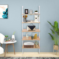 17 Stories 5-Shelf Wood Modern Tyania, Open Wall Mount Ladder Bookshelf, Brown