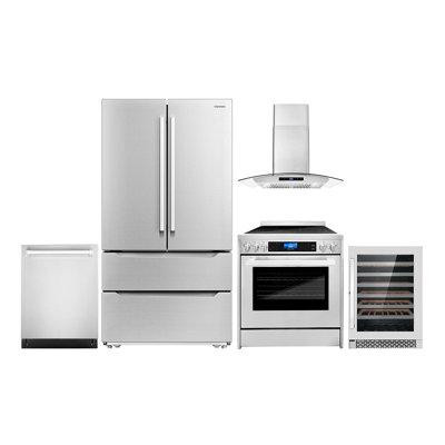 Cosmo 5 Piece Kitchen Package With 30" Freestanding Electric Range  30" Wall Mount Range Hood 24" Built-In Fully Integra in Refrigerators