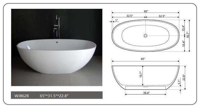 65x31.5 Inch Solid Surface Freestanding Bathtub in Matte White w Center Drain and Overflow Included    LFC in Plumbing, Sinks, Toilets & Showers - Image 4