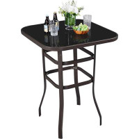 Red Barrel Studio Outdoor Patio Bar Table Dining Table,  Tempered Glass Tabletop , Metal Frame and Slat Design — Outdoor