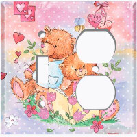 WorldAcc Metal Light Switch Plate Outlet Cover (Two Teddy Bears Bed Time Storey Pink - (L) Single Toggle / (R) Single Ou