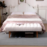 Ebern Designs Channel Tufted Bench White Sherpa Upholstered End Of Bed Benches With Wooden Legs