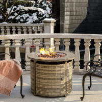 Arlmont & Co. Ronyae 25'' H x 32'' W Propane Fire Pit Table with Lid ,Rattan Round Gas Fire Pit Table