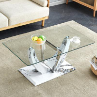 Brayden Studio Chic Minimalist Tempered Glass Coffee Table With Marble-patterned Steel Pillars - Also Serves As Computer