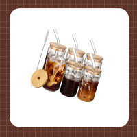 Eternal Night Glass Cups With Bamboo Lids And Glass Straw 6Pcs Set - Beer Can Shaped Drinking Glasses, 16 Oz Iced Coffee