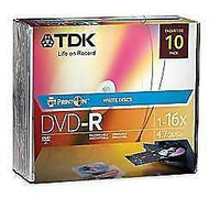 TDK DVD-R Print-On White Discs - 16X - 4.7GB - 10 Pk with Jewel