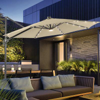 Arlmont & Co. 11ft Cantilever Patio LED Umbrella, Aluminum Hanging Market Umbrellas with Lights, 360° Rotation