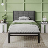 Latitude Run® Twin Metal Platform Bed Frame With Grey Button Tufted Upholstered Headboard