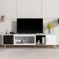 Mercer41 TV Stand With Handles&Legs, Fluted Glass Door TV Cabinet With Removable Compartment For Living Room