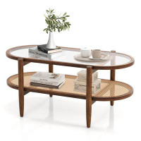 Bay Isle Home™ Bay Isle Home™ 2-Tier Acacia Wood Coffee Table Mid-Century Modern Rectangular Center Table w/ Glass Table