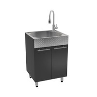 All-In-One Cabinet with Stainless 9 Inch Deep Sink | White or Charcoal ( Checker Plate or Brushed Aluminium ) TNQ