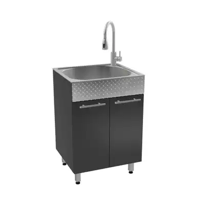 All-In-One Cabinet with Stainless 9" Deep Sink | White or Charcoal ( Checker Plate or Brushed Alumin...