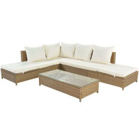 Latitude Run® Patio 3-Piece PE Wicker Sectional Set with Adjustable Chaise Lounge Frame and Tempered Glass Table_23.4" H