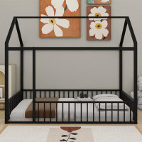 Mercer41 Full Size Metal Bed House Bed Frame With Fence, For Kids, Teens, Girls, Boys