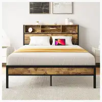 17 Stories Bed Frame With Storage Headboard, Metal Platform Bed With Charging Station,  Bookcase Storage, No Box Spring
