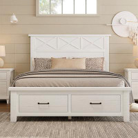 August Grove Rustic Farmhouse Style Whitewash Queen Storage Panel Bed With Two Drawers