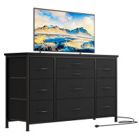 Ebern Designs Black Wide Dresser With 10 Large Drawers With Power Outlet Entertainment Center Tv Stand