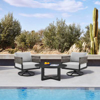 Joss & Main Darl 3 Piece Patio Outdoor Swivel Seating Set In Black Aluminum With Grey Rope And Cushions