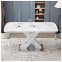 Latitude Run® Modern Square Dining Table, Stretchable,  Marble Table Top+MDF X-Shape Table Leg with Metal Base