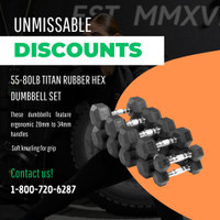 Get Fit and Save Big with our 55-80lb Titan Rubber Hex Dumbbell Set on Sale Now!