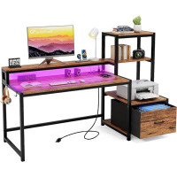 17 Stories Computer Desk With Drawer And Printer Shelf, Reversible Gaming Desk With LED Lights And Power Outlets, Home O